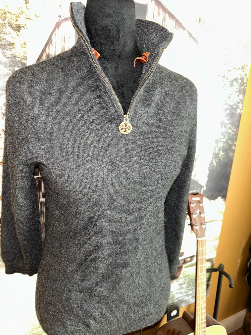 Tory Burch Charcoal Heather Zip Turtleneck Sweater